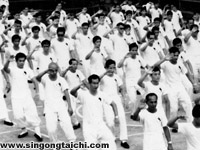 Professor Yek (front left) learning the tai chi 37 form in Sibu, c1963